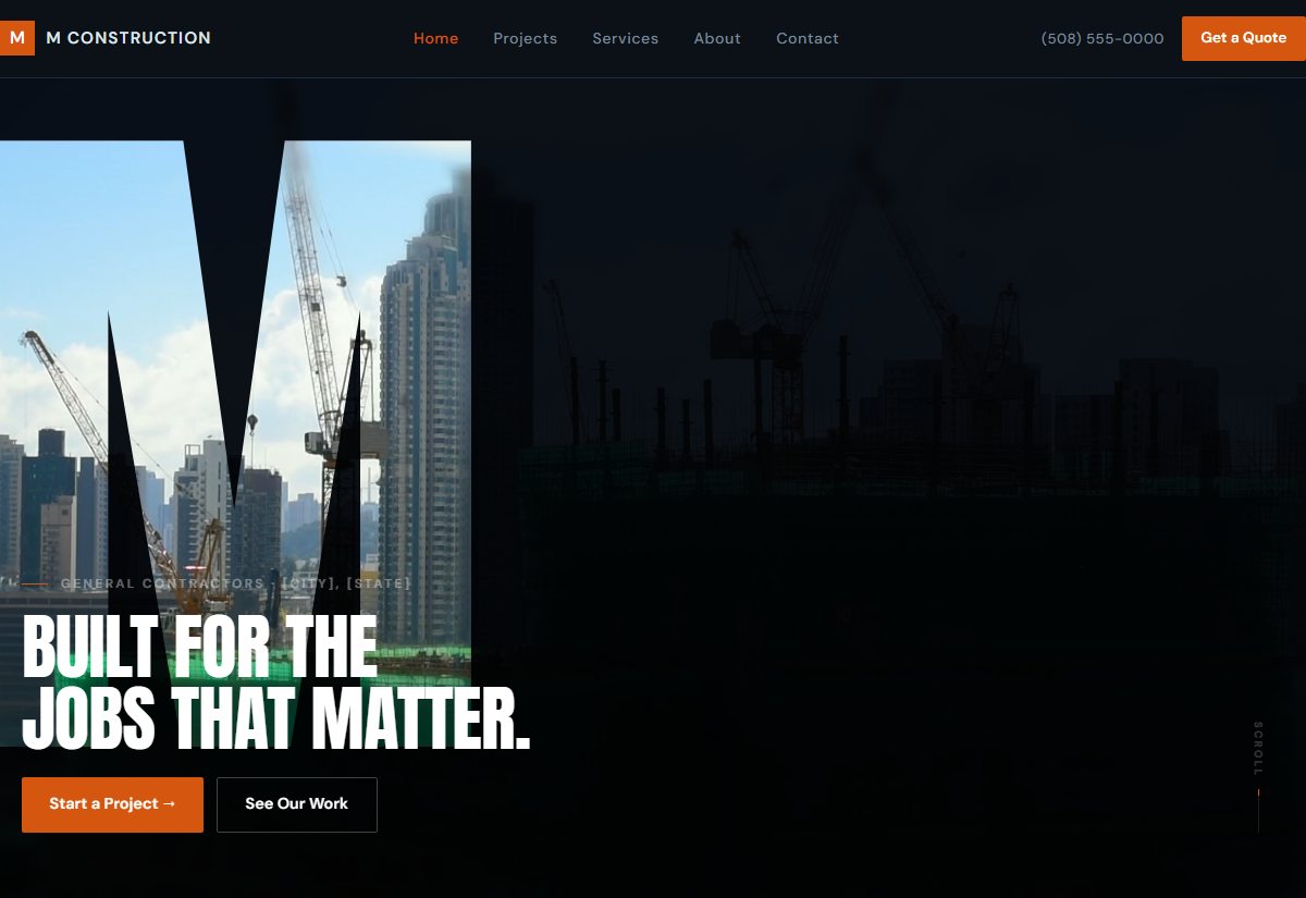 M Construction demo homepage: near-black steel palette with a full-bleed construction-site photo masked inside a giant stencil letter M, and the headline "Built for the jobs that matter."