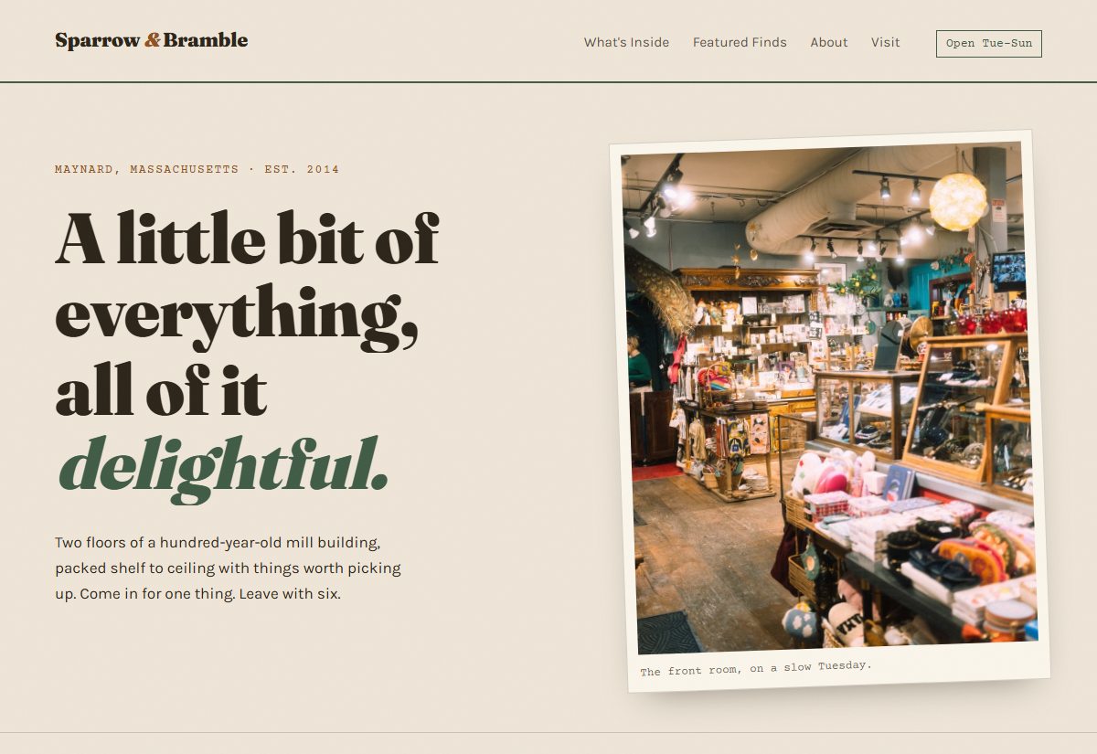 Sparrow & Bramble demo homepage: kraft-paper background with a bold serif headline reading "A little bit of everything, all of it delightful." beside a photo of a crowded gift-shop interior.