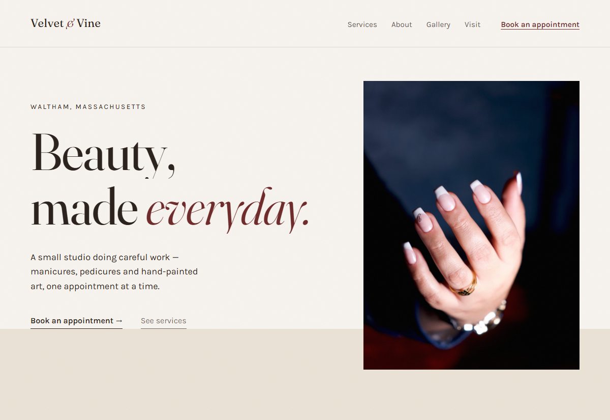 Velvet & Vine demo homepage: warm ivory background with an oversized serif headline reading "Beauty, made everyday." beside a tall photograph of a manicured hand.